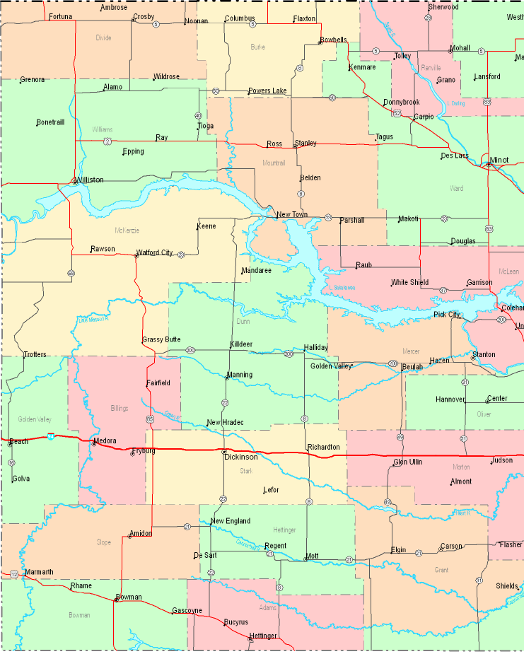 Printable Map of Western North Dakota, United States