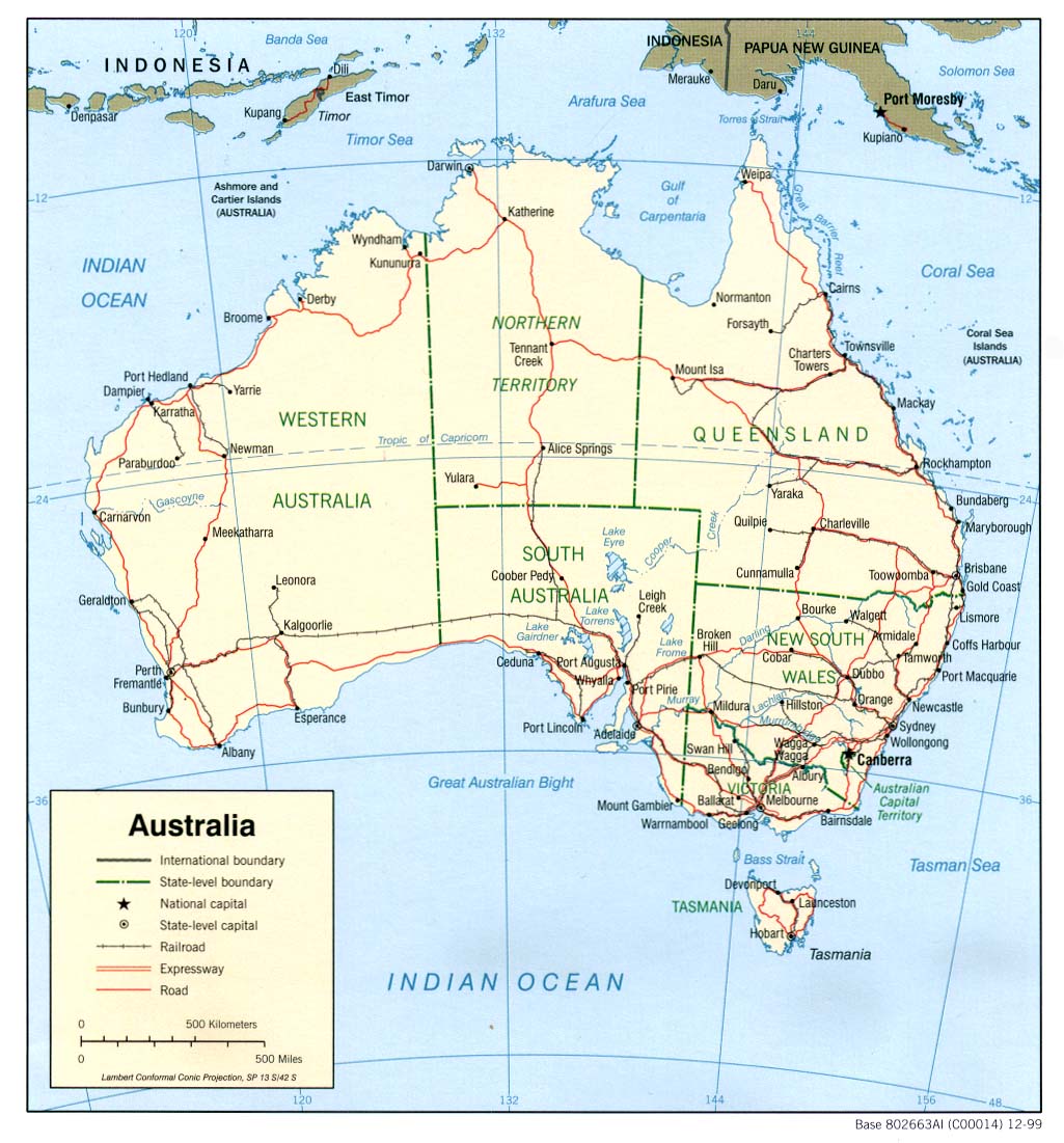 Printable Map of Australia Political, World