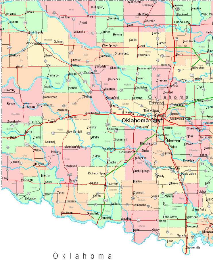 Printable Map of Central Oklahoma, United States