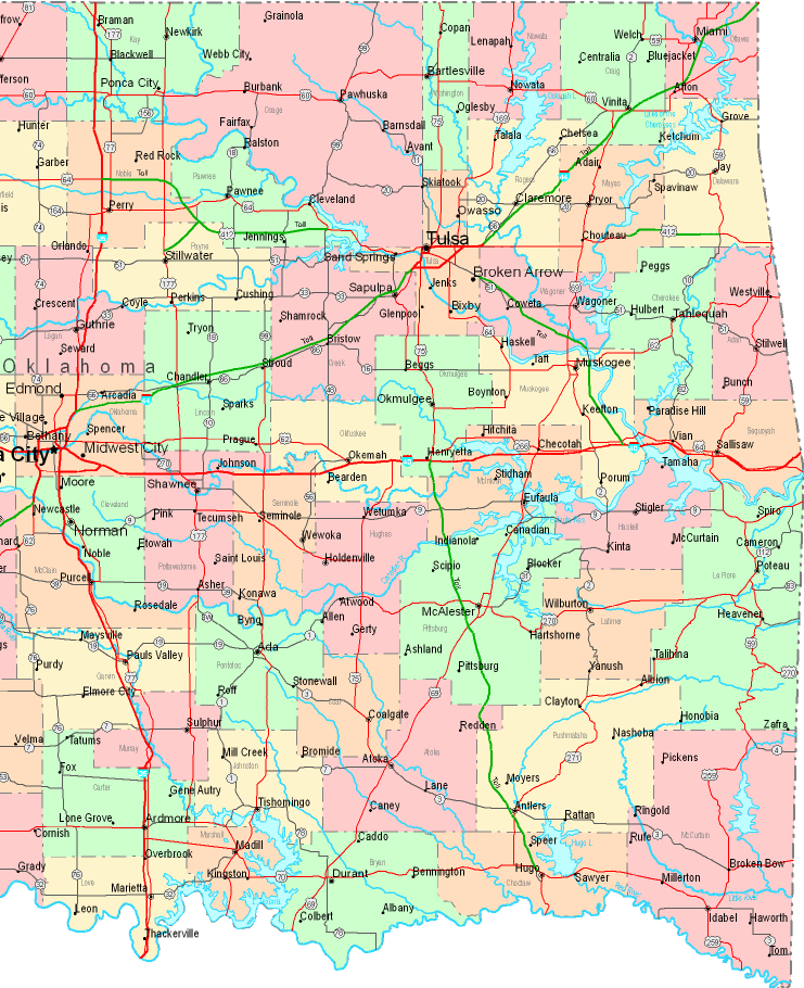 Printable Map of Eastern Oklahoma, United States