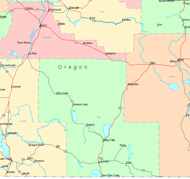 Printable Map of Oregon Central South, United States