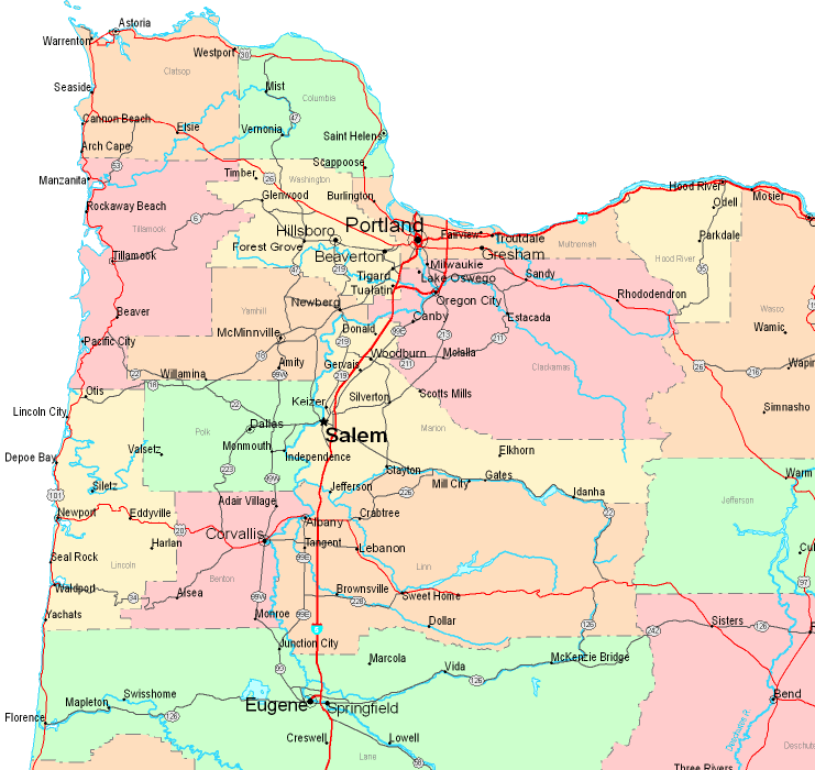 Printable Map of Oregon Northwest, United States