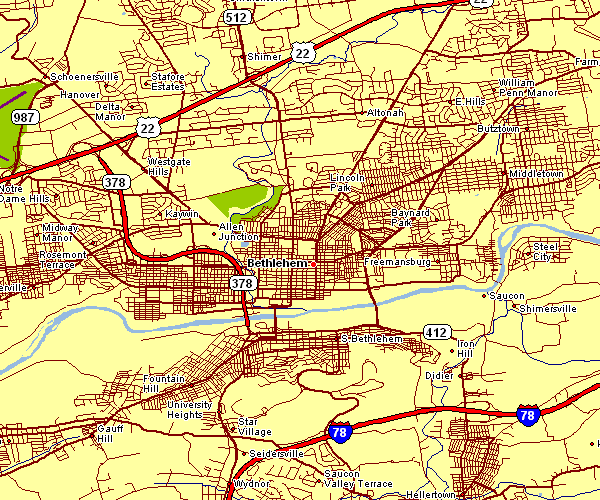 Street Map of Bethlehem, Pennsylvania
