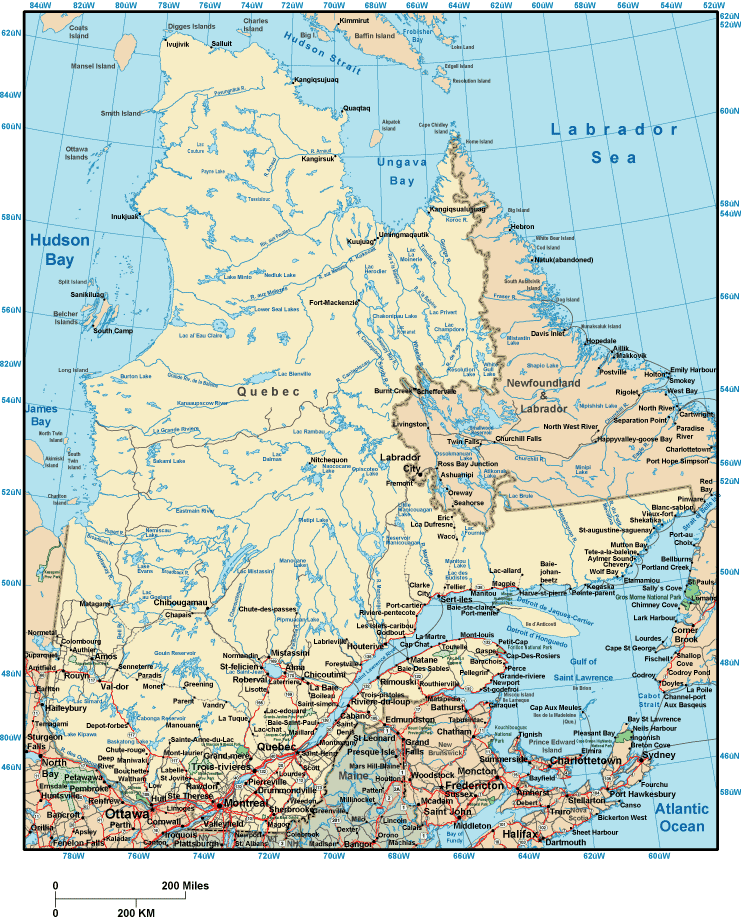 Printable Map of Quebec, Canada