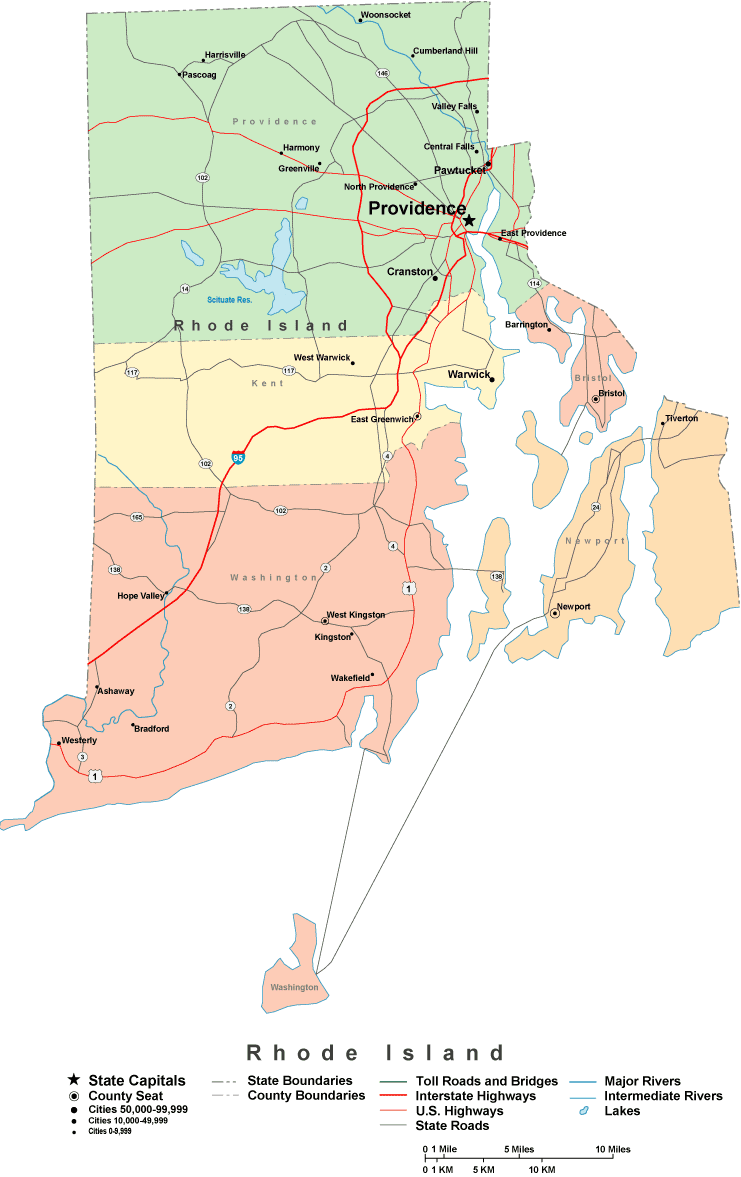 Printable Map of Rhode Island, United States