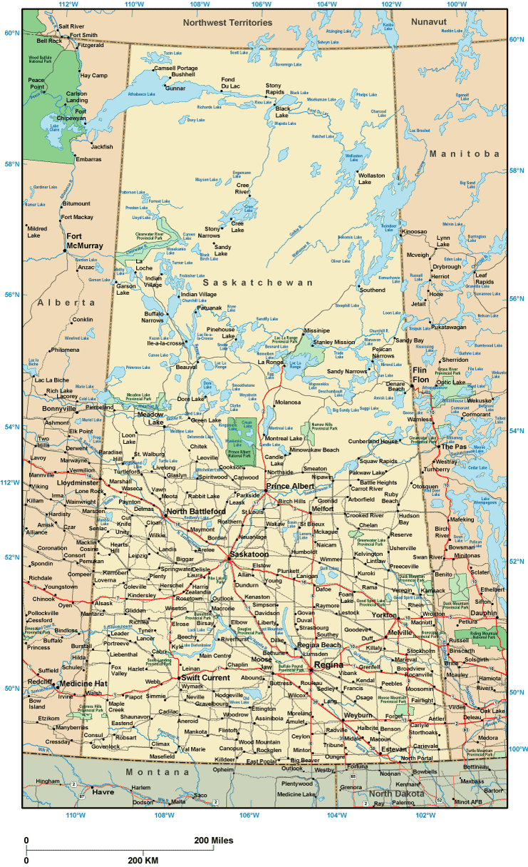 Printable Map of Saskatchewan, Canada