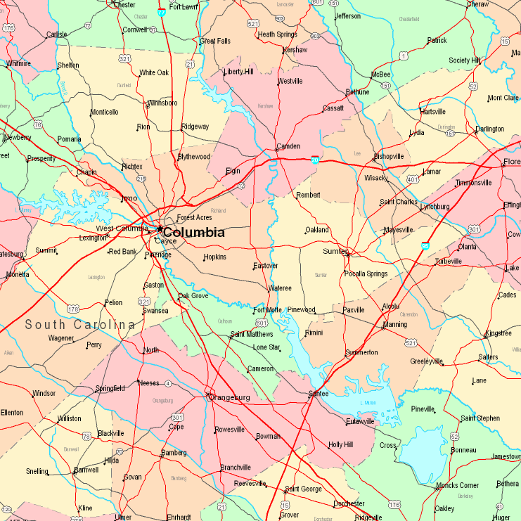 Printable Map of Central South Carolina, United States