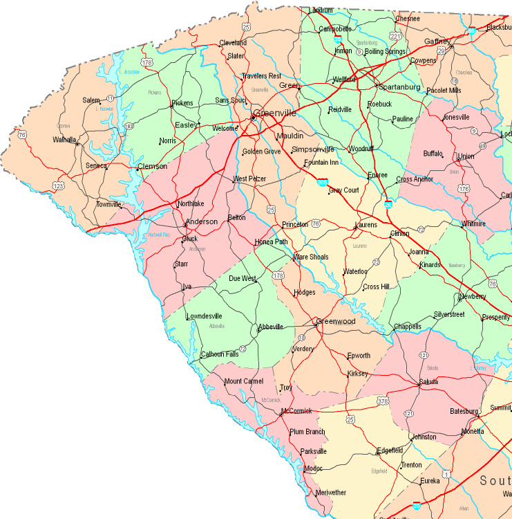 Printable Map of Northwest South Carolina, United States