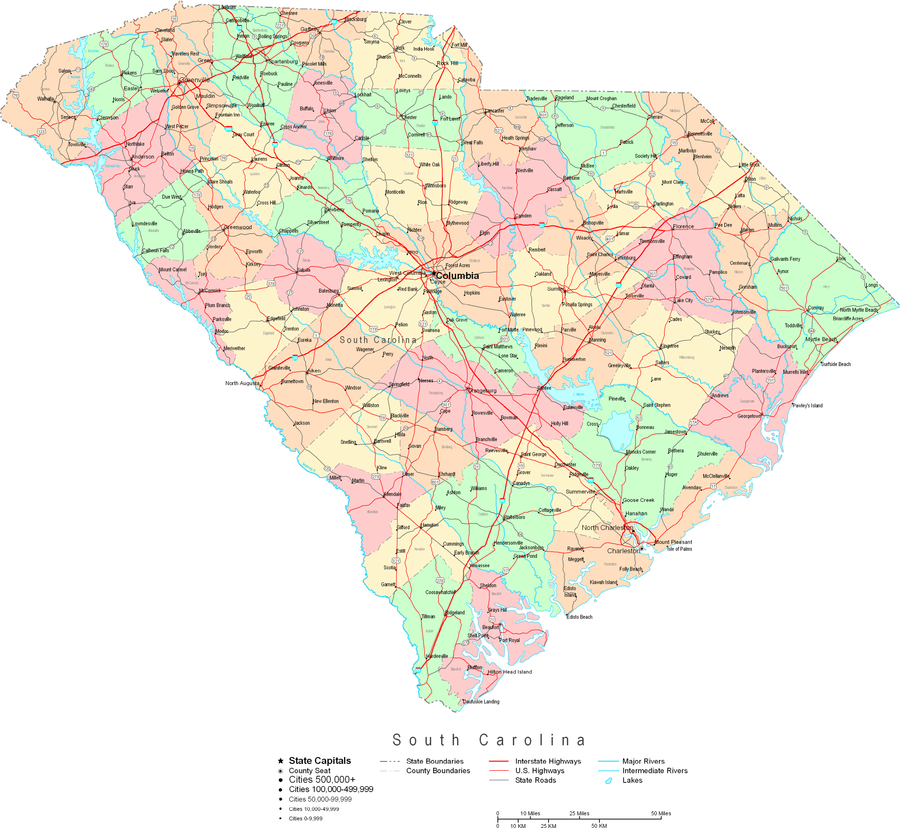 Printable Map of South Carolina Large