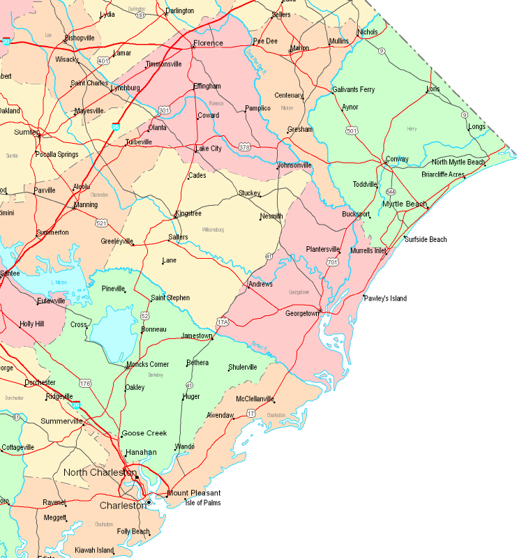 Printable Map of Southeast South Carolina, United States