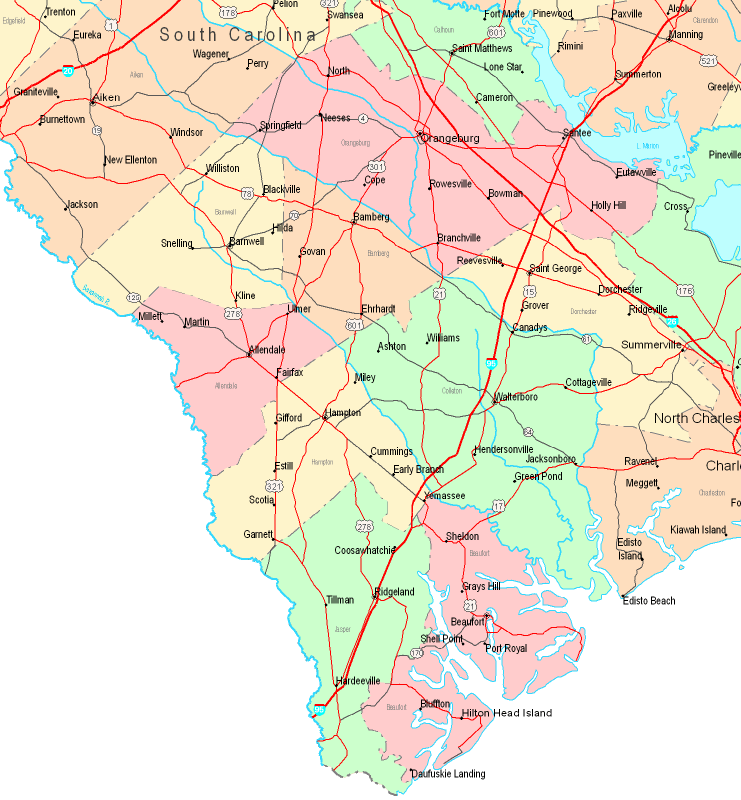 Printable Map of Southwest South Carolina, United States