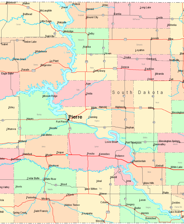 Printable Map of Central South Dakota, United States