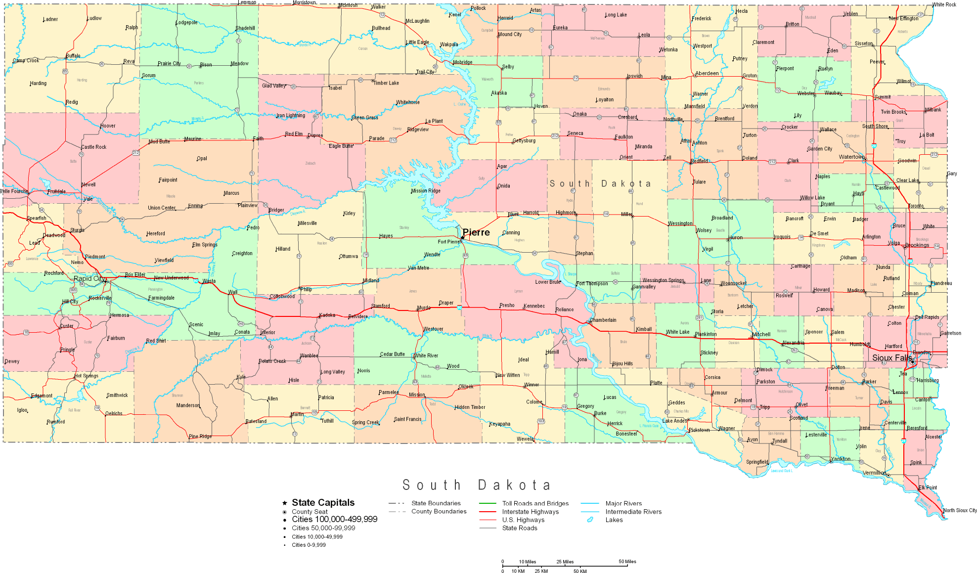 Printable Map of South Dakota Large
