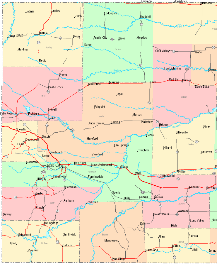 Printable Map of Western South Dakota, United States