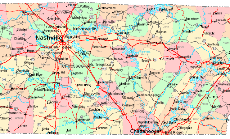 Printable Map of Central Tennessee, United States