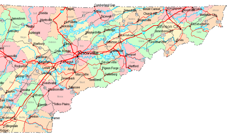 Printable Map of Eastern Tennessee, United States