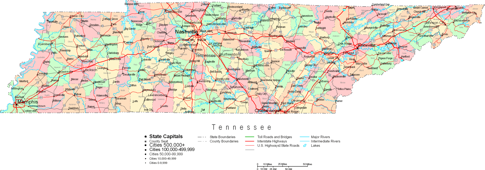 Printable Map of Tennessee Large