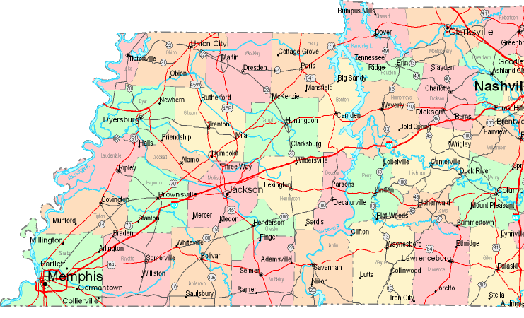 Printable Map of Western Tennessee, United States
