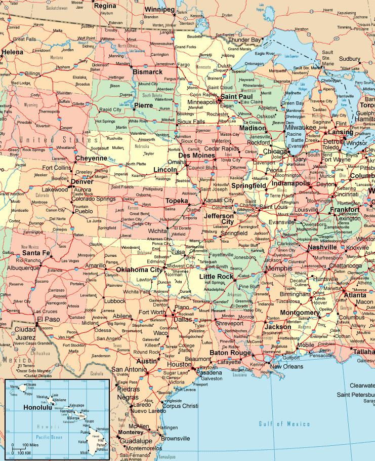Printable Map of Central Usa Political Detail, United States