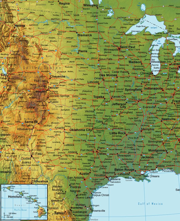 Printable Map of Central USA Terrain Detail, United States