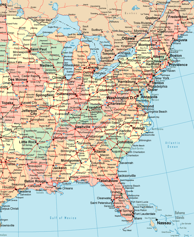 Printable Map of Eastern Usa Political Detail, United States