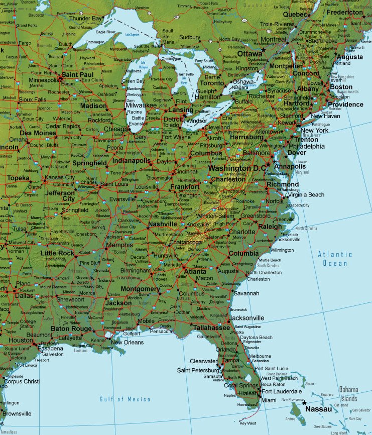 Printable Map of Eastern USA Terrain Detail, United States