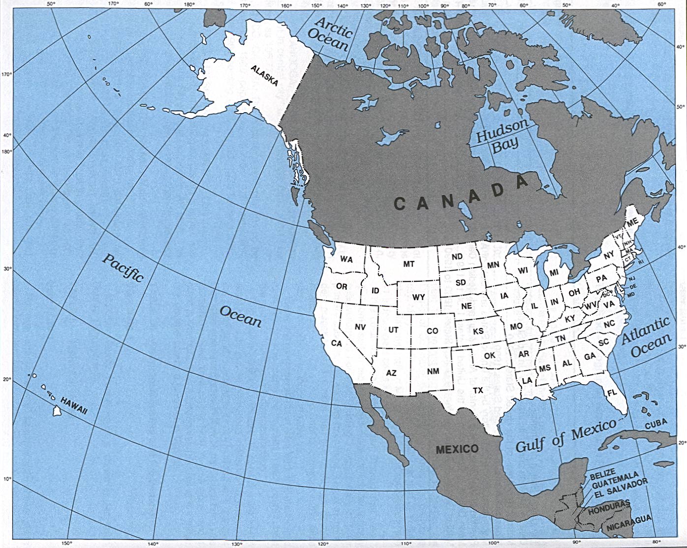 Printable Map of North America, United States