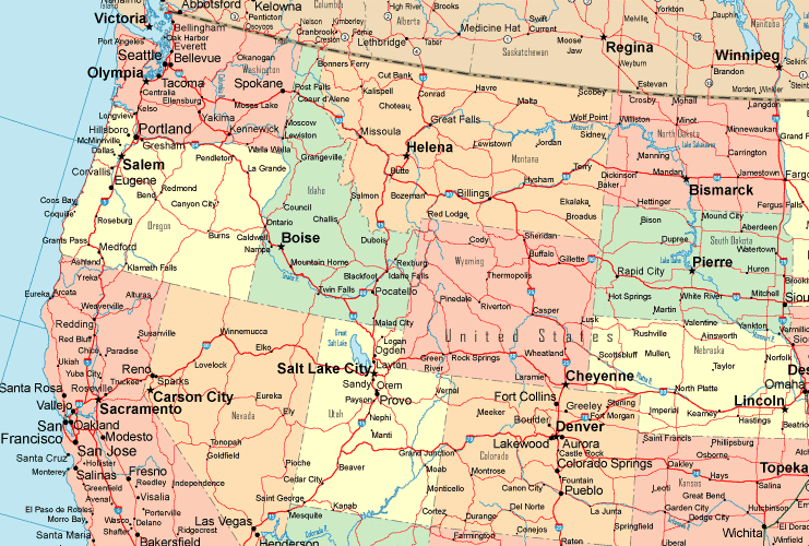 Printable Map of Northwestern USA Political Detail, United States