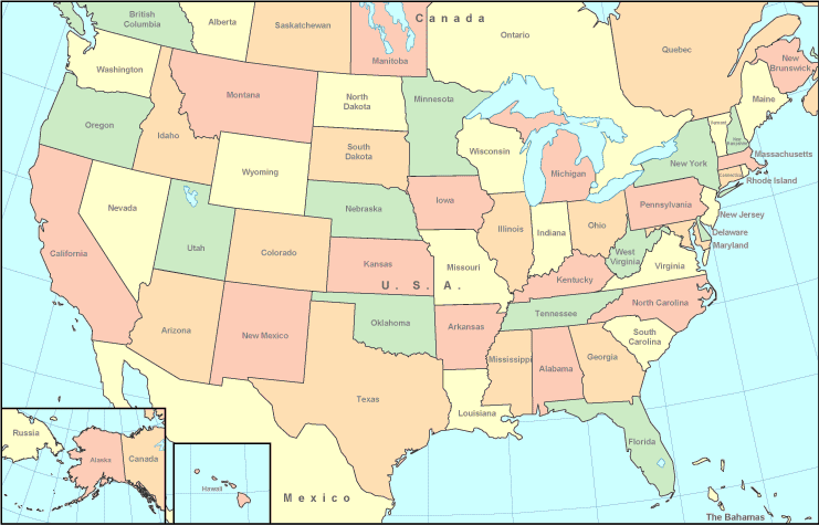 Printable Map of Political Of USA, United States