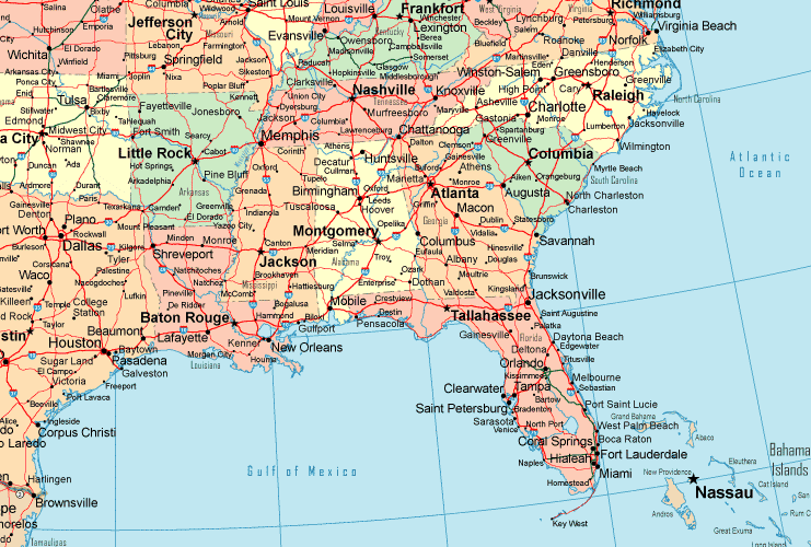 Printable Map of Southeastern USA Political Detail, United States