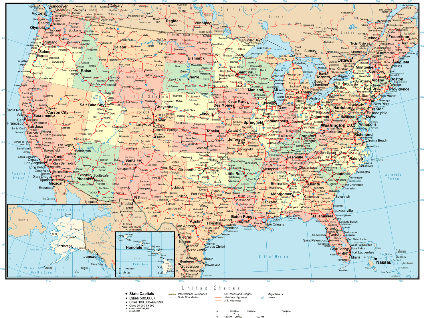 Printable Map of USA Political Detail, United States