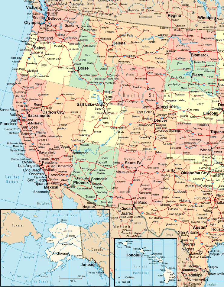 Printable Map of Western USA Political Detail, United States