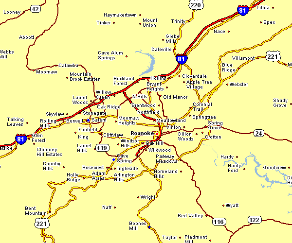 Road Map of Roanoke, Virginia