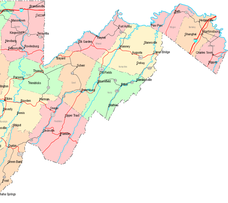 Printable Map of Eastern West Virginia, United States