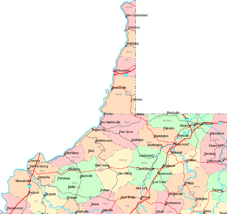 Printable Map of Northern West Virginia, United States
