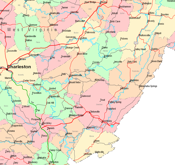 Printable Map of Southeastern West Virginia, United States