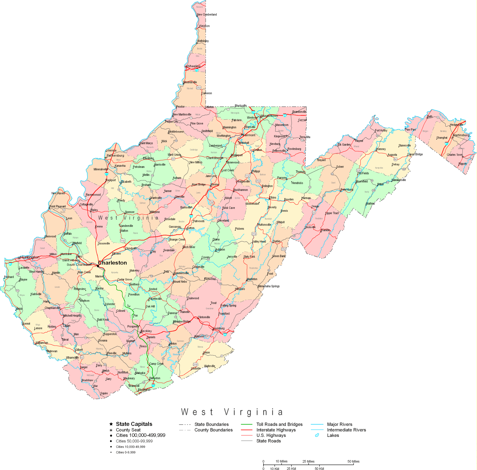 Printable Map of West Virginia Large