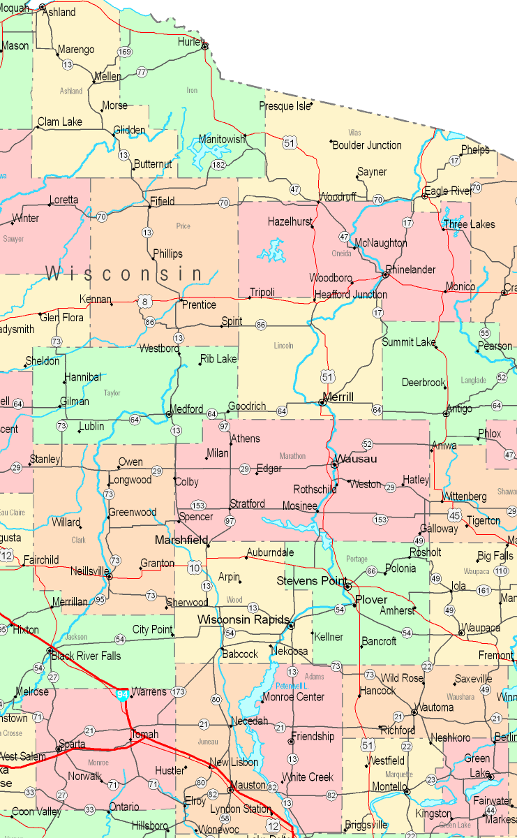 Printable Map of Wisconsin Central North, United States