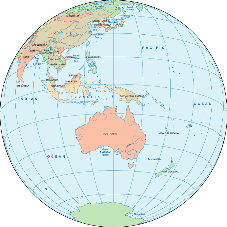 Printable Map of Political Globe centered on Australia, World