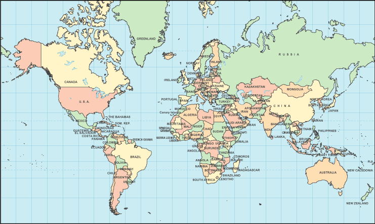 Printable Map of Political World Mercator