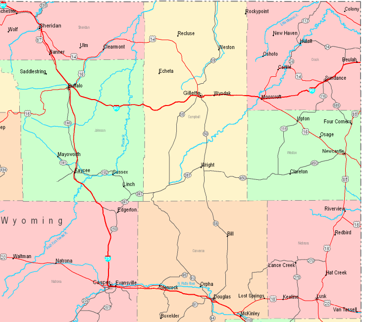 Printable Map of Northeastern Wyoming, United States