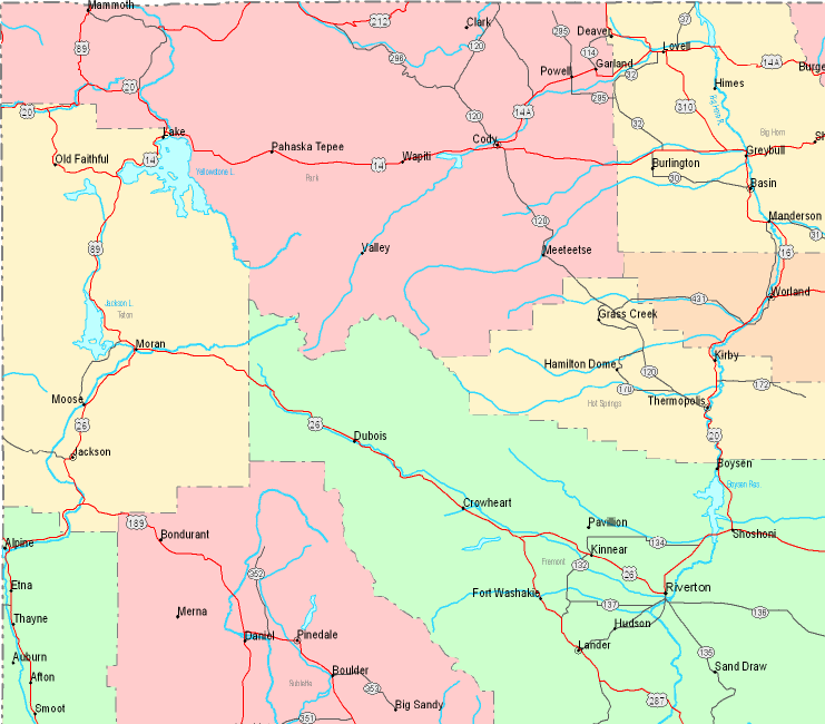 Printable Map of Northwestern Wyoming, United States