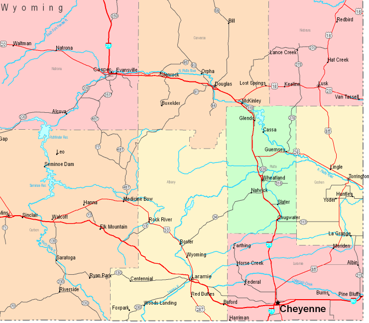 Printable Map of Southeastern Wyoming, United States