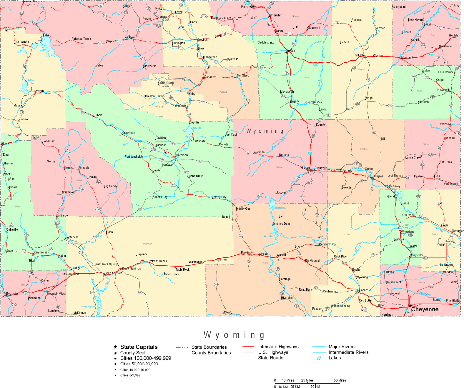 Printable Map of Wyoming Large